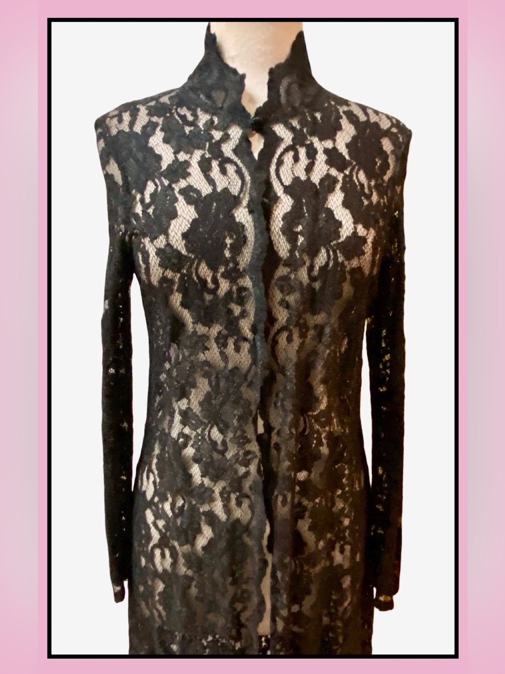 ASHLEE 2pc Black Stretch Lace Long Duster & Lined Pant Vintage Size M - Picture 3 of 11